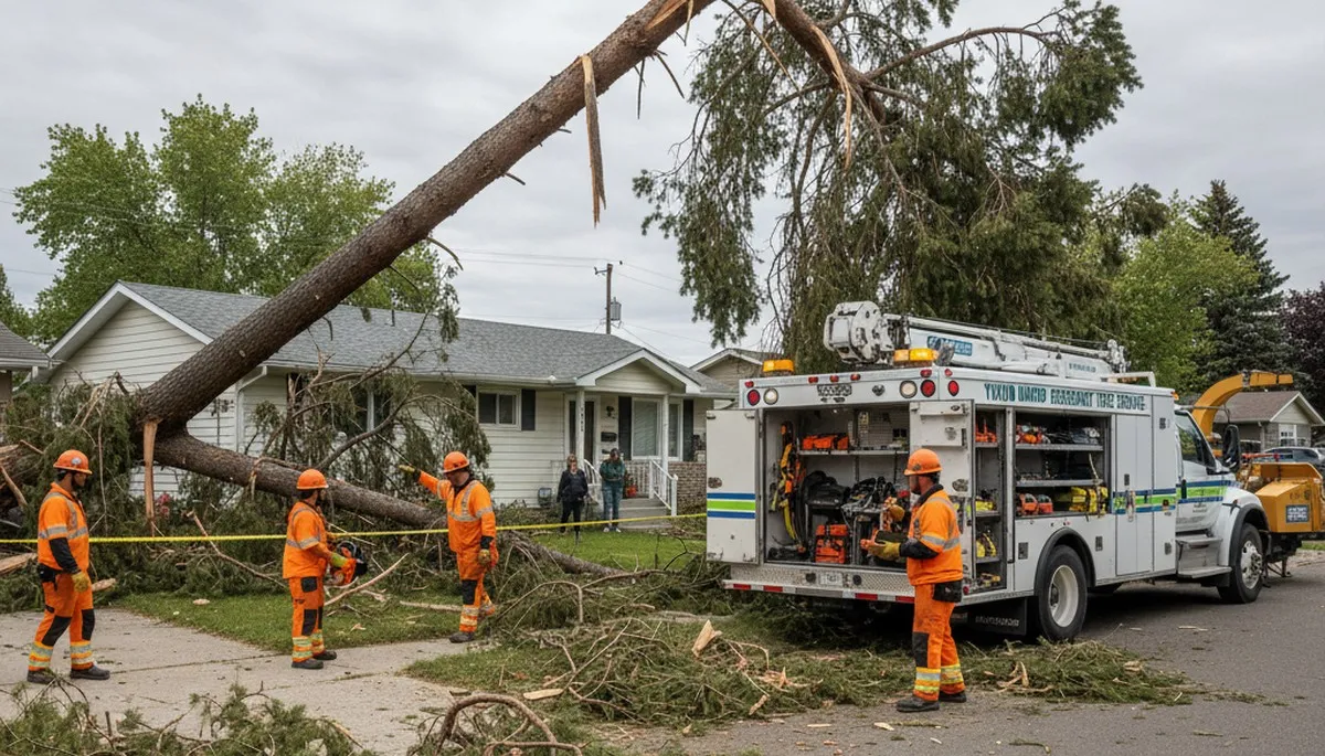 Emergency tree removal crew clearing storm-damaged trees in Yukon, Oklahoma after severe weather