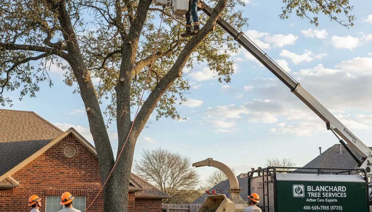 Professional tree removal service in Oklahoma City OK safely clearing large backyard tree