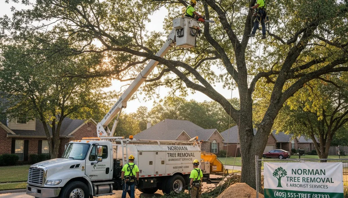 Professional tree removal service crew in Oklahoma City OK clearing large oak tree safely