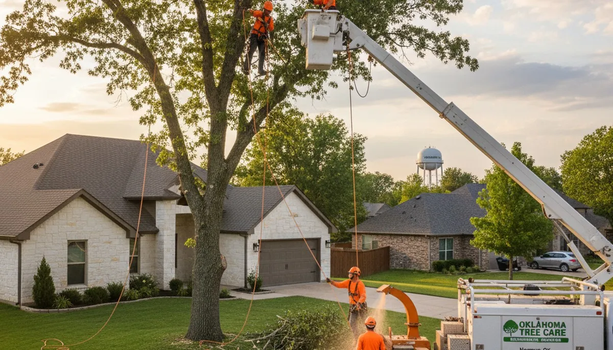 Professional tree removal service in Oklahoma City OK safely clearing large oak tree